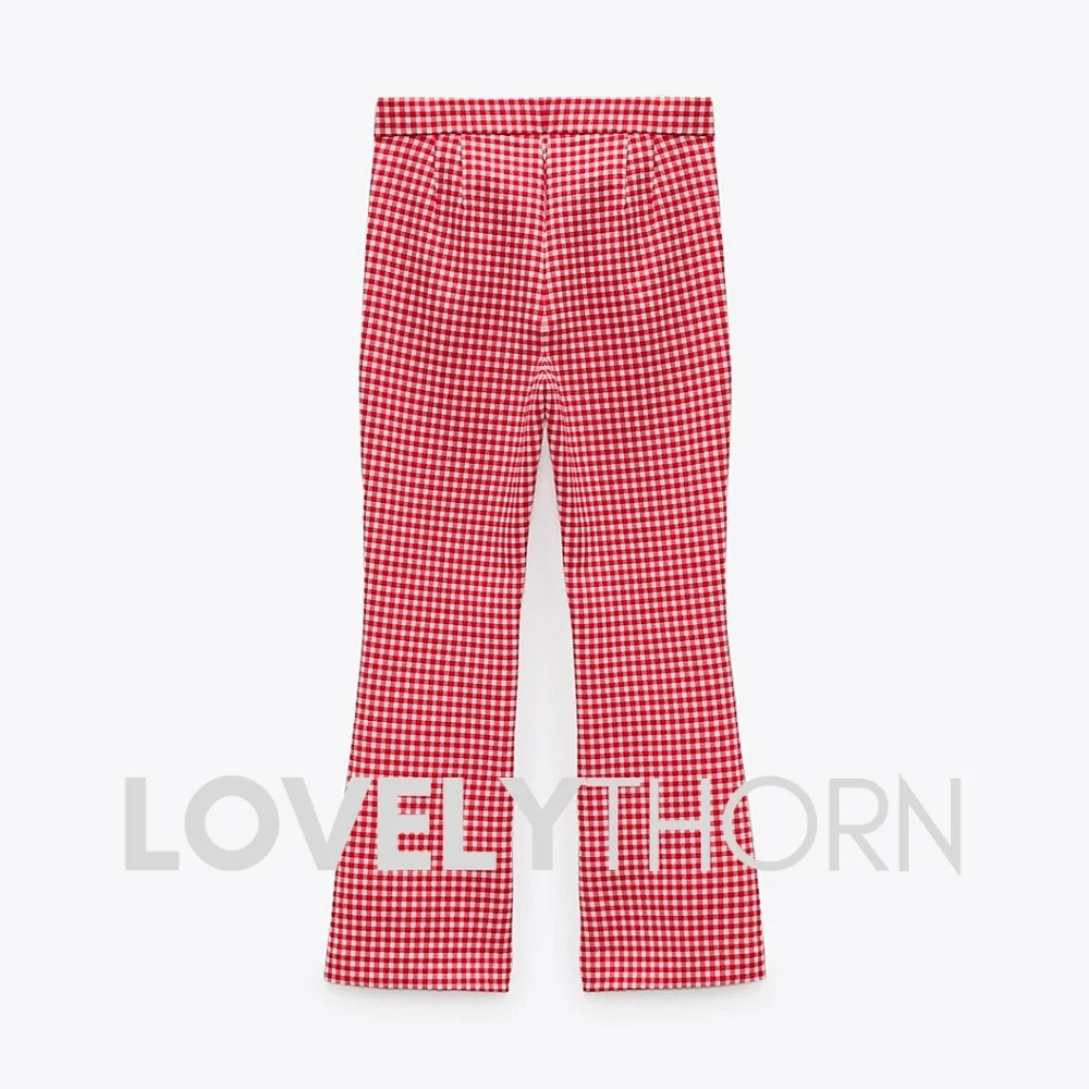 ZARA // red & white textured gingam hi waist crop mini flare pants - Picture 11 of 14